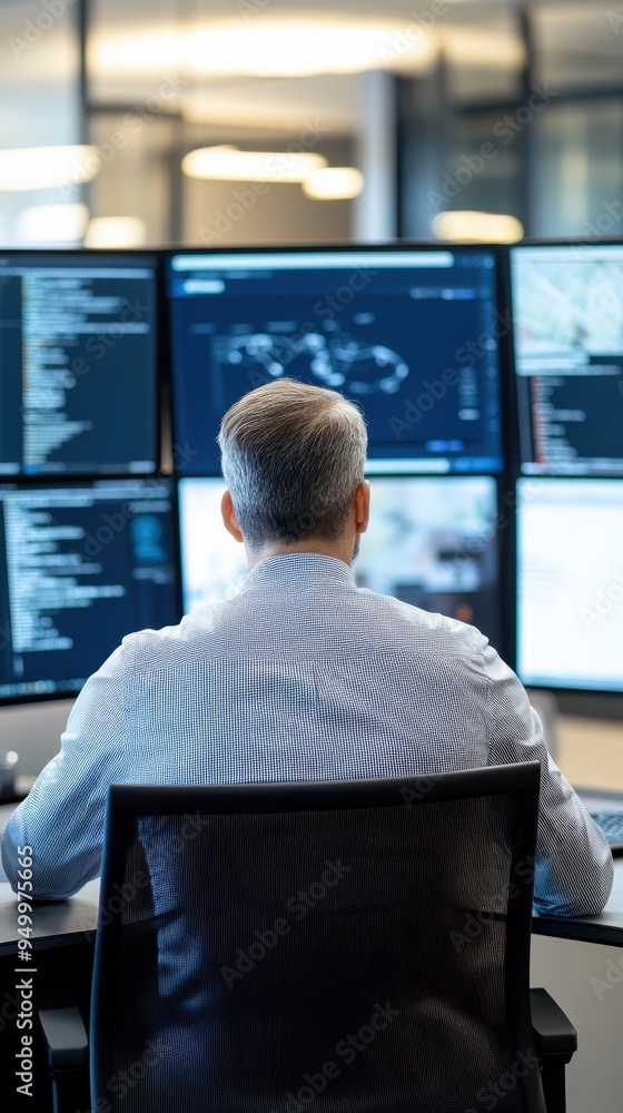 Poster a business executive leading a virtual team meeting from a sleek corporate boardroom, with participa