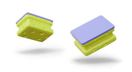 Porous kitchen sponge in different positions. Modern accessory for washing and wiping off dirt