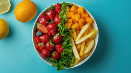 Fruit Salad with Potatoes and Lemons on Blue Background
