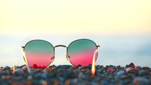 Colorful bright sunglasses on the background of the sea, concept summer vacation at the sea