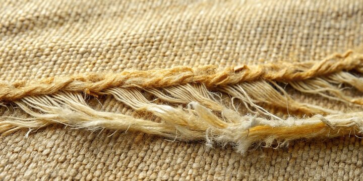 A close-up shot of a torn and frayed fabric edge, with threads dangling loosely, against a plain neutral background, conveying a sense of wear and damage.