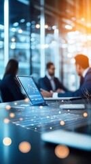 A business meeting in a sleek corporate boardroom, with diverse executives discussing strategy and using digital tools like tablets and interactive screens