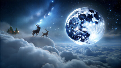 Naklejka premium Magical winter scene with dreamy mood featuring deer on clouds under large moon