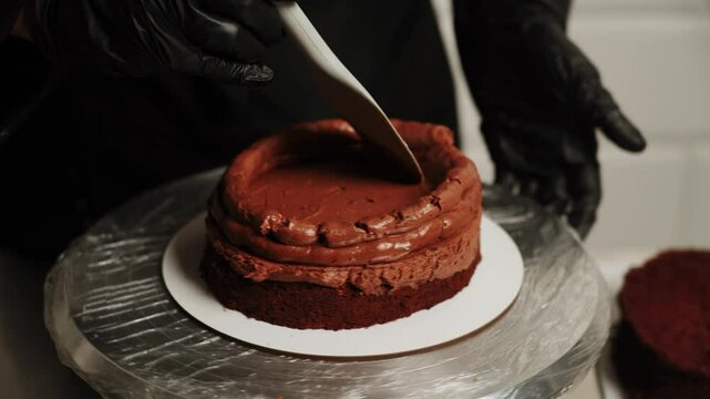 The process of making the cake "Bliz". The pastry chef applies chocolate cream and other ingredients to the cakes. The concept of confectionery products