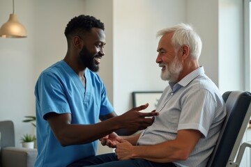 Obraz premium Black Doctor helps and advises the patient in the clinic. Concept of physiotherapy and a healthy lifestyle. Generative AI