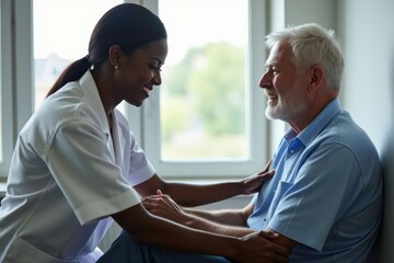 Fototapeta premium Black Doctor helps and advises the patient in the clinic. Concept of physiotherapy and a healthy lifestyle. Generative AI