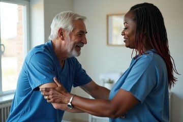 Obraz premium Black Doctor helps and advises the patient in the clinic. Concept of physiotherapy and a healthy lifestyle. Generative AI