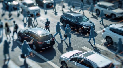 Business people walking in city with digital overlays showing data analysis