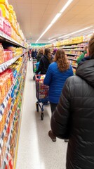 Fototapeta premium A bustling grocery store aisle, with a diverse group of people pushing carts and picking up items, shelves stocked with colorful products