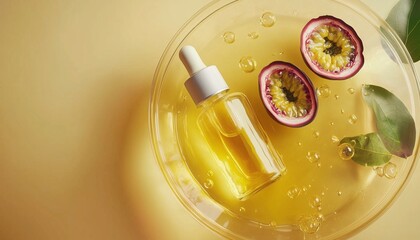 Bottle passion fruit oil extract on glassware natural ingredient top of view