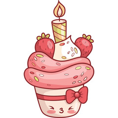 Cute birthday cake cupcake with candle and strawberries