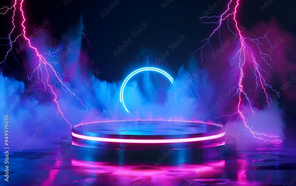 Poster abstract scene with neon lights and square podium. futuristic background for product presentation.