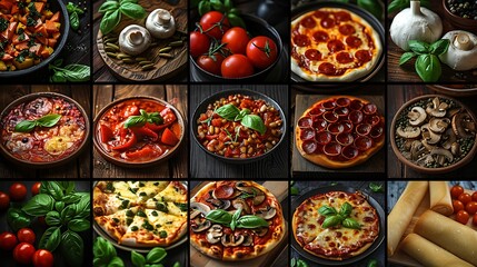Fototapeta premium A vibrant collage of pizzas featuring a variety of toppings like pepperoni, mushrooms, and fresh basil, each pizza with different crust styles, presented on rustic wooden boards and ceramic plates,