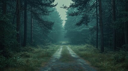 Fototapeta premium Forgotten Path: Eerie Abandoned Road Through Thick Pine Forest with Decaying Ambiance
