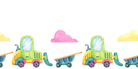 Excavator, wheelbarrow and clouds in watercolor. Construction site vehicles seamless border clipart in cartoon style. Cute building site car illustration for children's rooms, clothing or textile