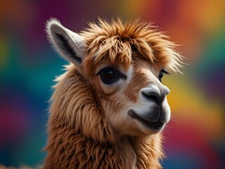 Fototapeta premium Close-Up Llama in a Colorful Background, Perfect for Whimsical Art and Rustic Decor