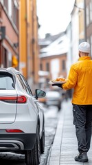 A car parked at a curbside service spot, with a restaurant worker approaching with a tray of food, showing the convenience of curbside pickup in a busy urban setting