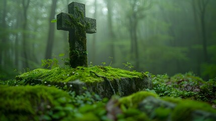 Fototapeta premium Moss covered ancient stone cross standing in mystical forest with mist and shadows