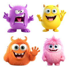 PNG 3D cute monster character design element set, transparent background