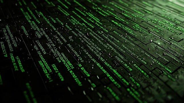 Abstract digital background featuring flowing green code on a dark surface, perfect for technology and programming themes.