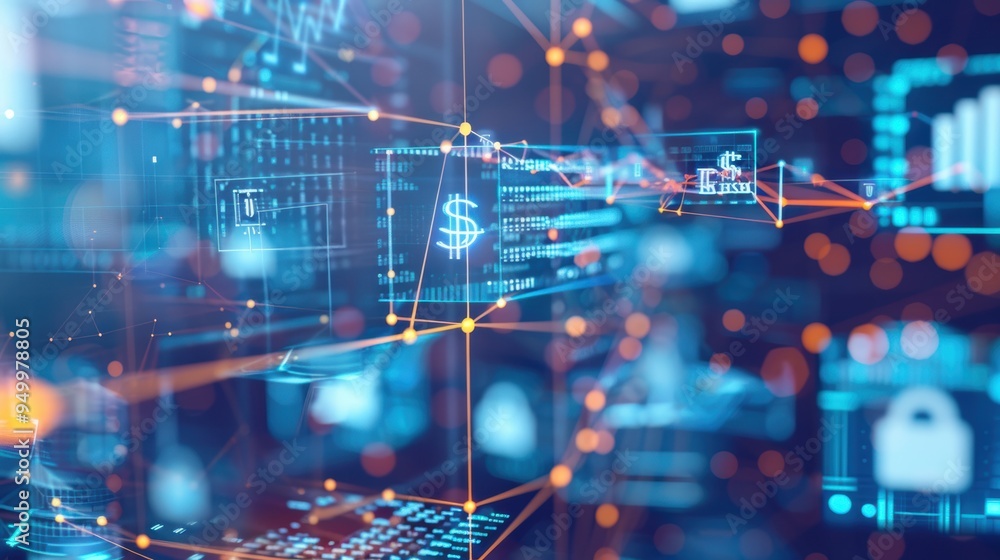 Poster digital network showing global financial data connections with dollar sign and charts