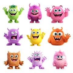 Obraz premium PNG 3D cute monster character design element set, transparent background