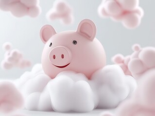 Piggy bank floating in a digital cloud, money concept, 3D render illustration