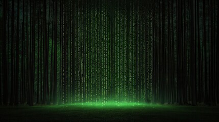 A captivating digital backdrop featuring green cascading lines, reminiscent of a virtual world or matrix theme, ideal for tech projects.
