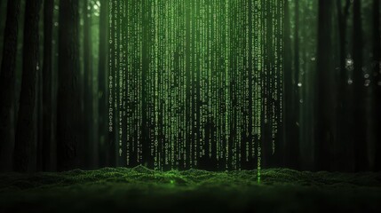 A mesmerizing green forest with cascading binary code, evoking a sense of digital mystique and nature's beauty.