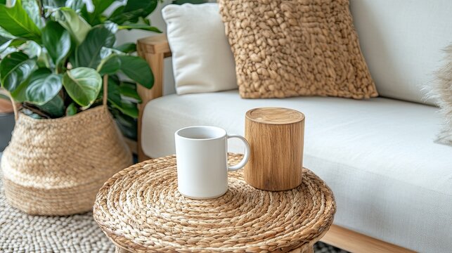 A rattan side table holds a wooden mug and wicker lamp, complementing a cozy beige sofa in a modern boho living room, creating a warm and inviting atmosphere