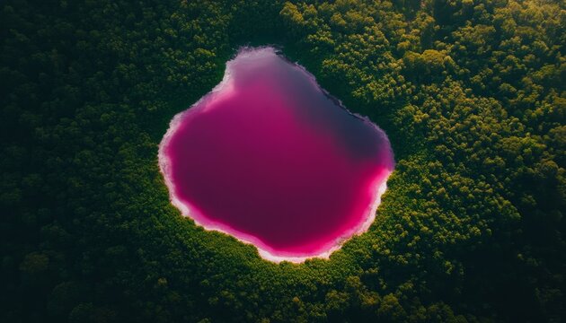 Mesmerizing Pink Lake Hillier: Aerial View of Nature's Wonder Surrounded by Lush Green Forest and White Coastline. Unique Travel Destination for Adventure Seekers and Nature Lovers, Perfect for Touris