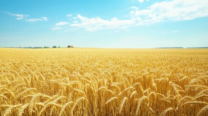 Naklejka premium Wheat field with golden tones, swaying in the breeze with long shadows and a bright sky, distant farmhouse on the horizon. Harvesting