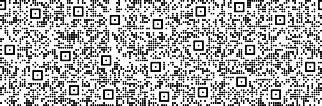Black and white simple seamless pattern with random squares as a qr code. Binary message for electronic device and scanner. Abstract vector geometry bg