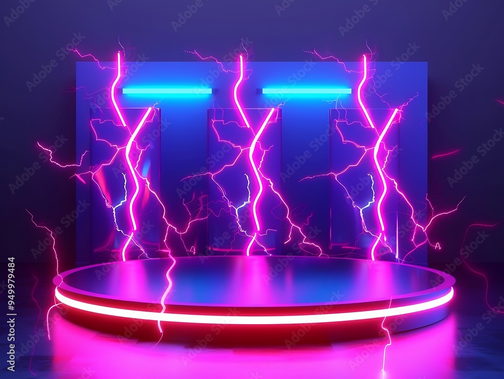 Poster abstract scene with neon lights and square podium. futuristic background for product presentation.