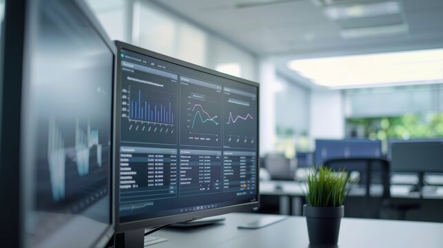 Financial data charts displaying on computer screens in an empty corporate office