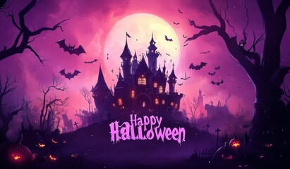 A spooky halloween background with purple hues and text "Happy Halloween" in the middle, surroundings have haunted castles, cemeteries, flying bats, pumpkins, glowing eyes and creepy trees