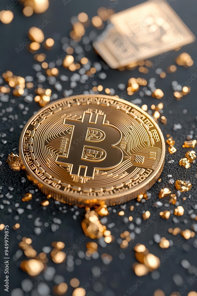 Poster bitcoin surrounded by glowing particles, money concept, 3d render illustration, creating a futuristi