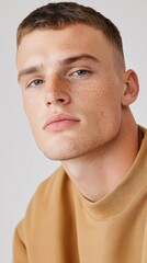 Obraz premium A close-up of a young man with visible birthmarks, styled in streetwear, proudly showing his individual style and natural appearance