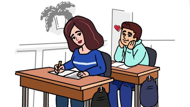 A schoolboy falls in love with the girl sitting in front of him. Cartoon scene captures the moment of first love.