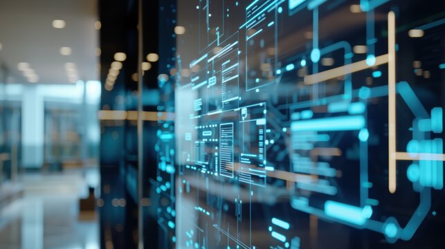 Futuristic user interface displaying data in modern office building