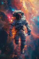 An astronaut floating in the void of space, with a breathtaking view of a distant galaxy and the swirling colors of a nebula behind them 