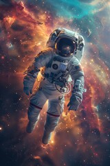Fototapeta premium An astronaut floating in the void of space, with a breathtaking view of a distant galaxy and the swirling colors of a nebula behind them 