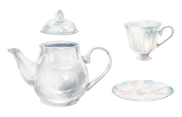 White ceramic teapot and cup with saucer watercolor set. Hand drawn illustration isolated on white