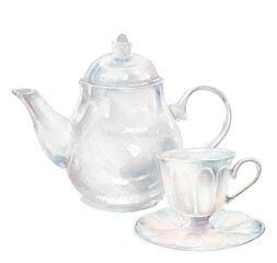 White ceramic teapot and cup with saucer. Hand drawn watercolor illustration isolated on white
