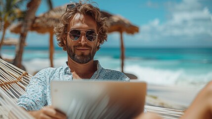 A business professional using a laptop on a beach hammock, with waves gently crashing in the background . Remote job concept