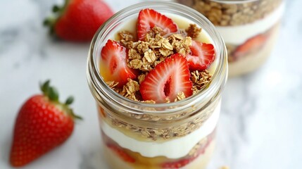 Overhead shot of smoothie jar with layers of yogurt fresh strawberries granola and a drizzle of honey