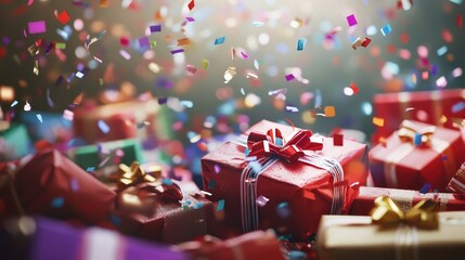 Obraz premium A close-up of confetti falling onto a pile of wrapped presents, creating a festive scene.