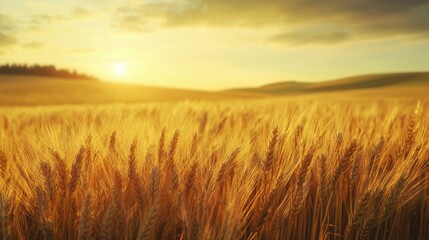 Fototapeta premium Golden wheat field under a tranquil sunset sky, capturing the beauty of nature and the tranquility of rural landscapes.