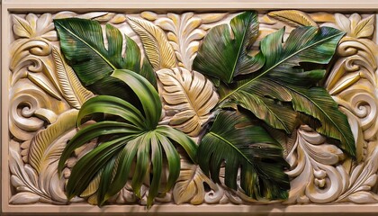 Obraz premium An intricately detailed cluster of tropical leaves adorns a sculptured stucco panel.
