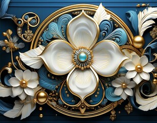 An intricate 3D mural illustration with a white and blue backdrop, embellished with gold jewelry and flowers, framed by black decorative wallpaper